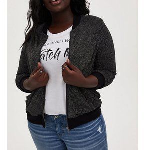 Torrid Black and Silver Knit Lurex SPARKLE Bomber Jacket Size 1X NWOT